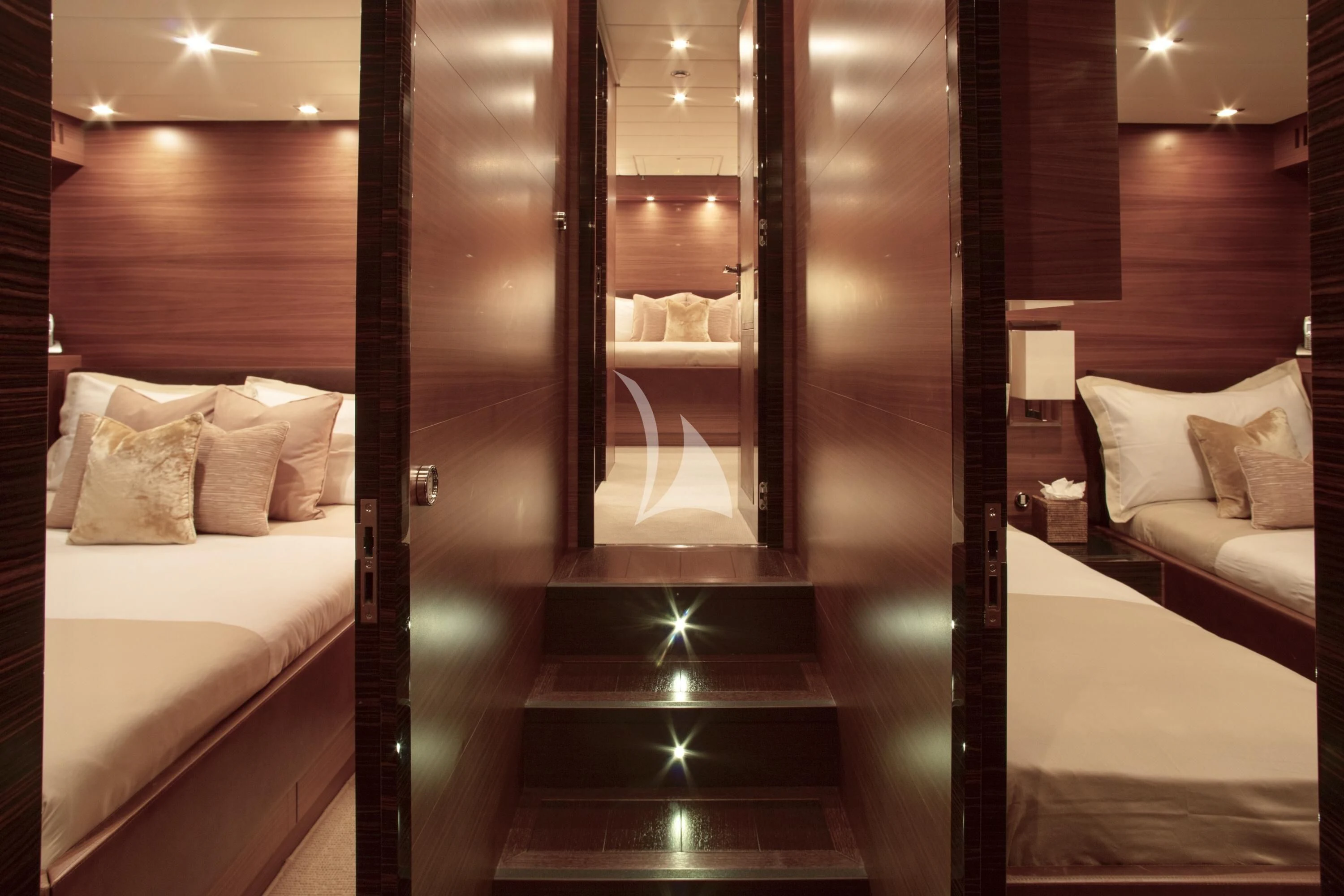 a room with a bed and a mirror aboard ECLAT Yacht for Sale