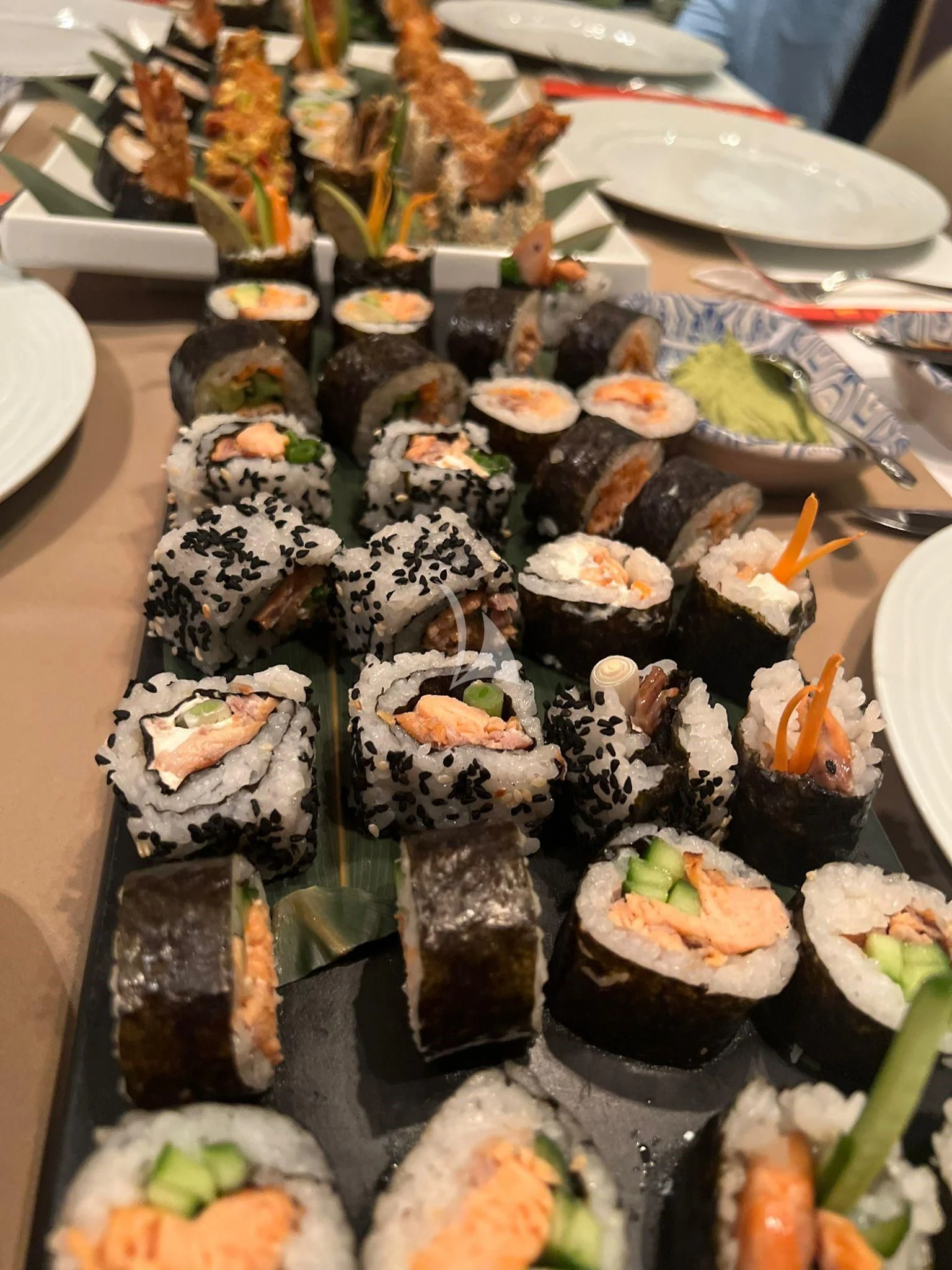 sushi on a table aboard HUBO Yacht for Sale