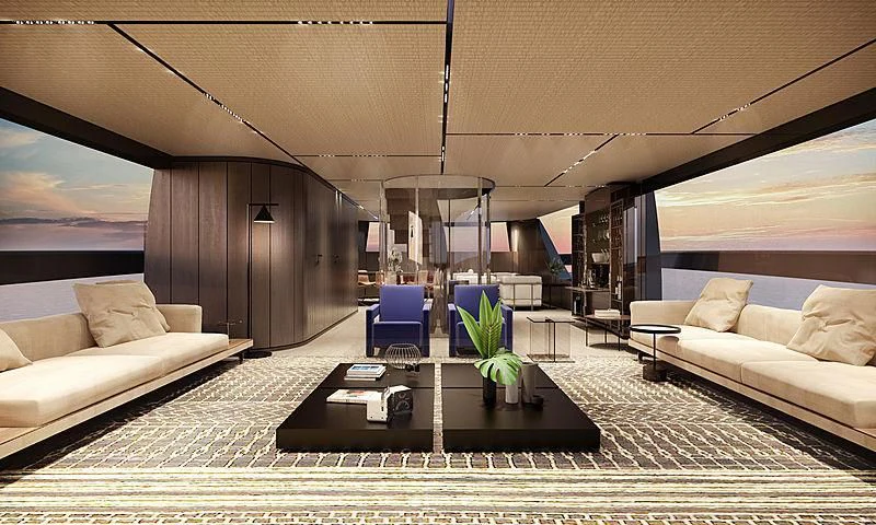 a living room with a couch and a coffee table aboard SUNDANCE Yacht for Sale
