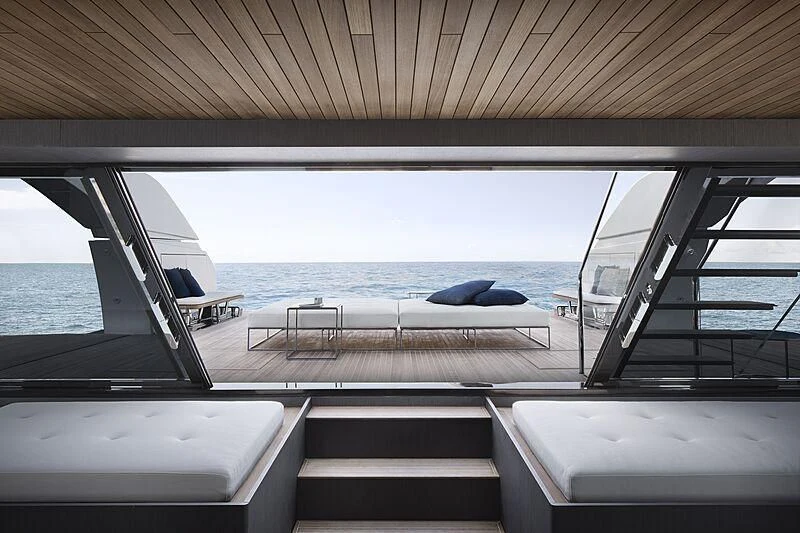 a deck with a view of the ocean and the deck aboard SUNDANCE Yacht for Sale