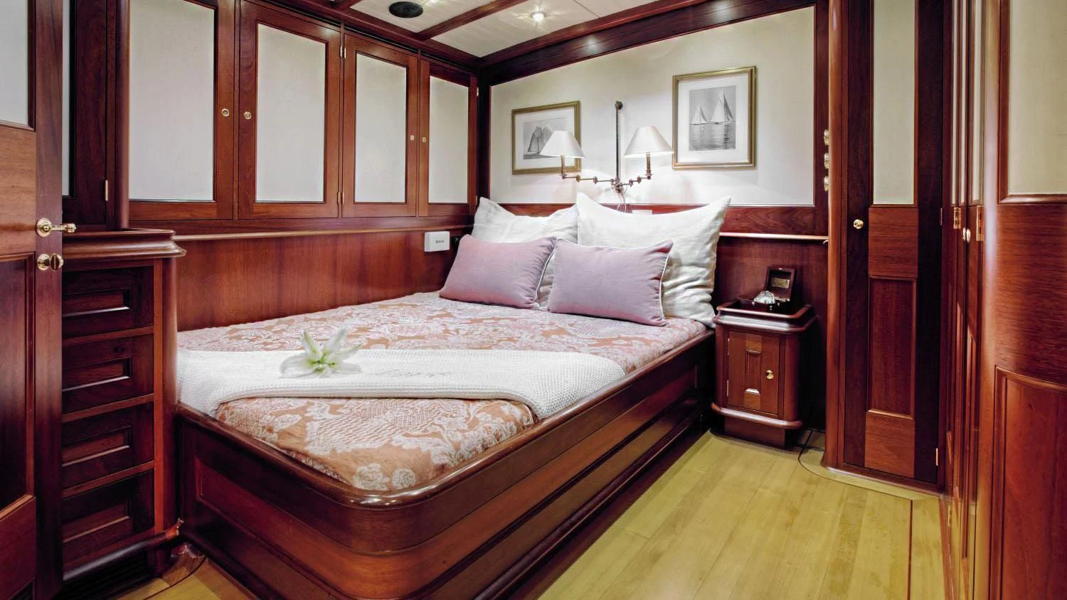 a bed in a room aboard SHAMOUN Yacht for Sale