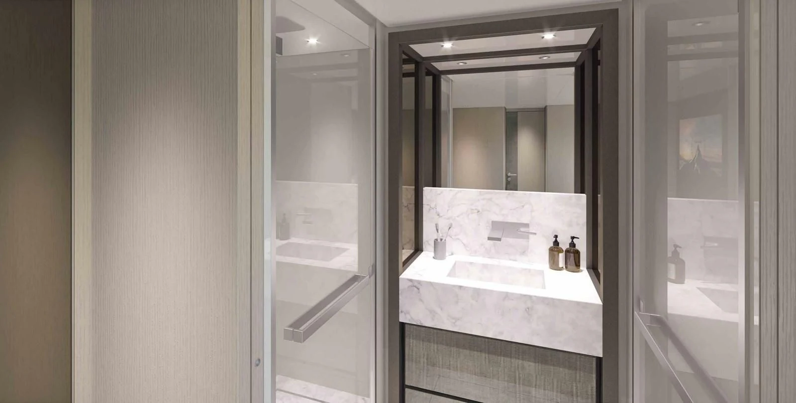 a bathroom with a large mirror aboard 2021 SANLORENZO SD96 #95 Yacht for Sale