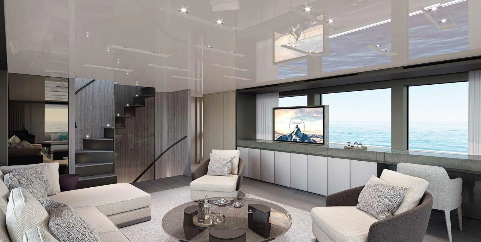 a living room with a large window aboard 2021 SANLORENZO SD96 #95 Yacht for Sale