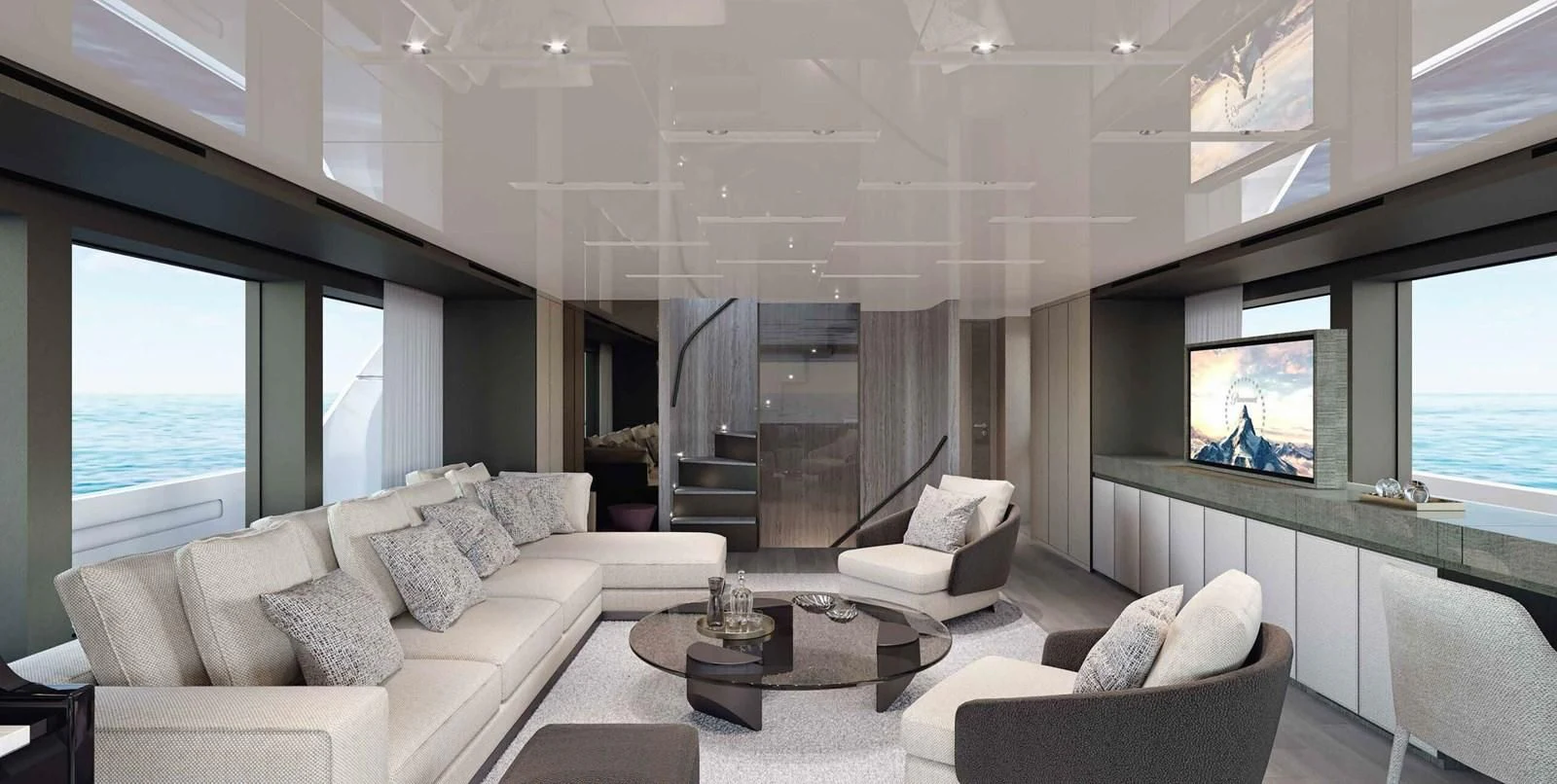 a living room with a large window aboard 2021 SANLORENZO SD96 #95 Yacht for Sale