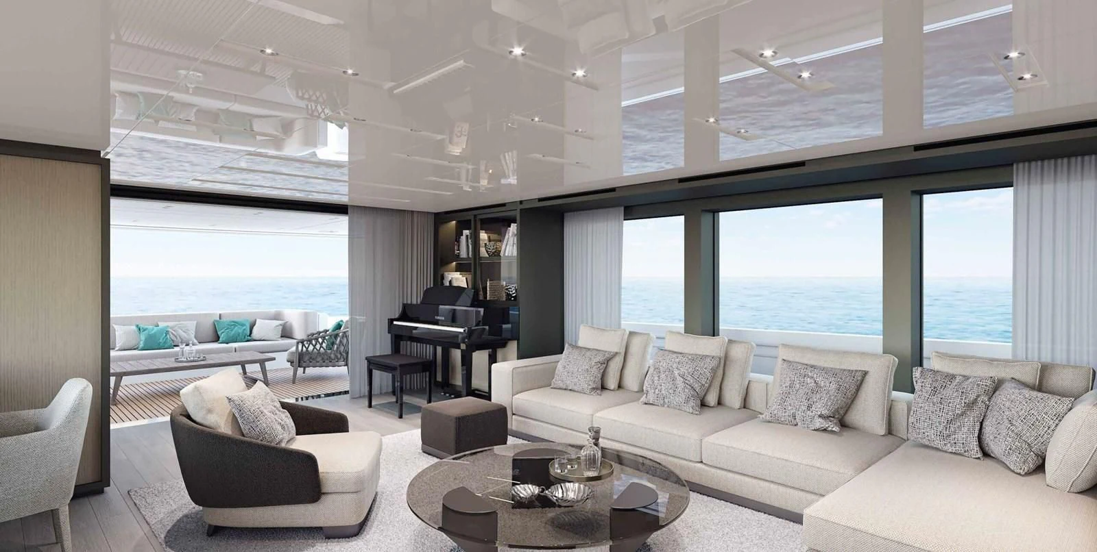 a living room with a large window aboard 2021 SANLORENZO SD96 #95 Yacht for Sale