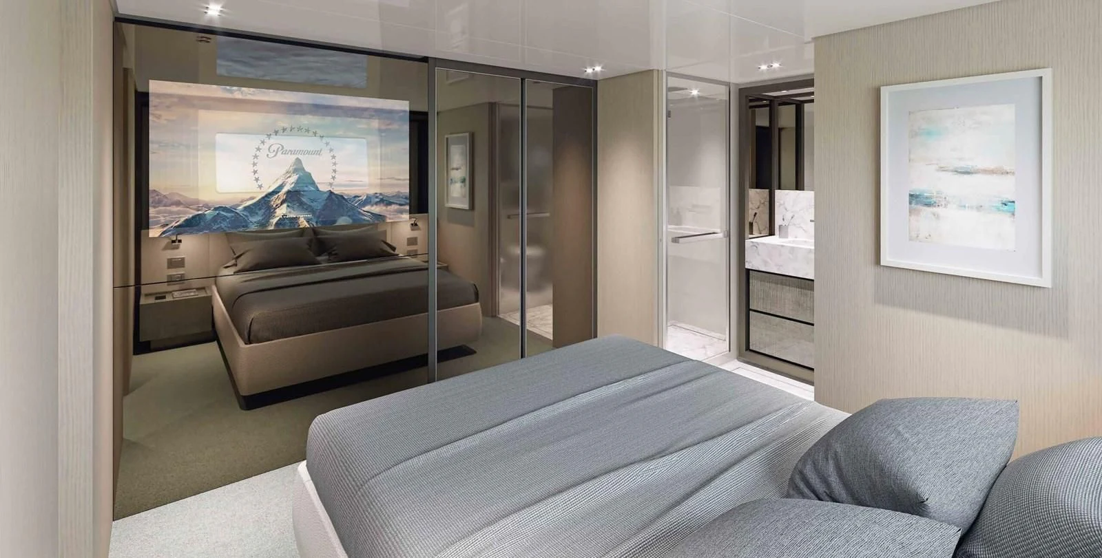 a bedroom with a bed and a tv aboard 2021 SANLORENZO SD96 #95 Yacht for Sale