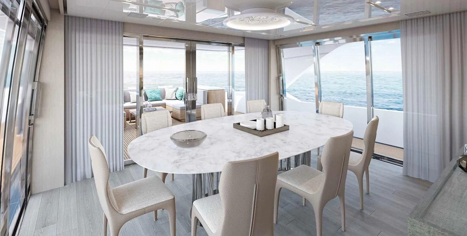 a room with a table chairs and a view of the ocean aboard 2021 SANLORENZO SD96 #95 Yacht for Sale