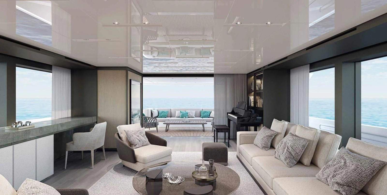a living room with a large window aboard 2021 SANLORENZO SD96 #95 Yacht for Sale