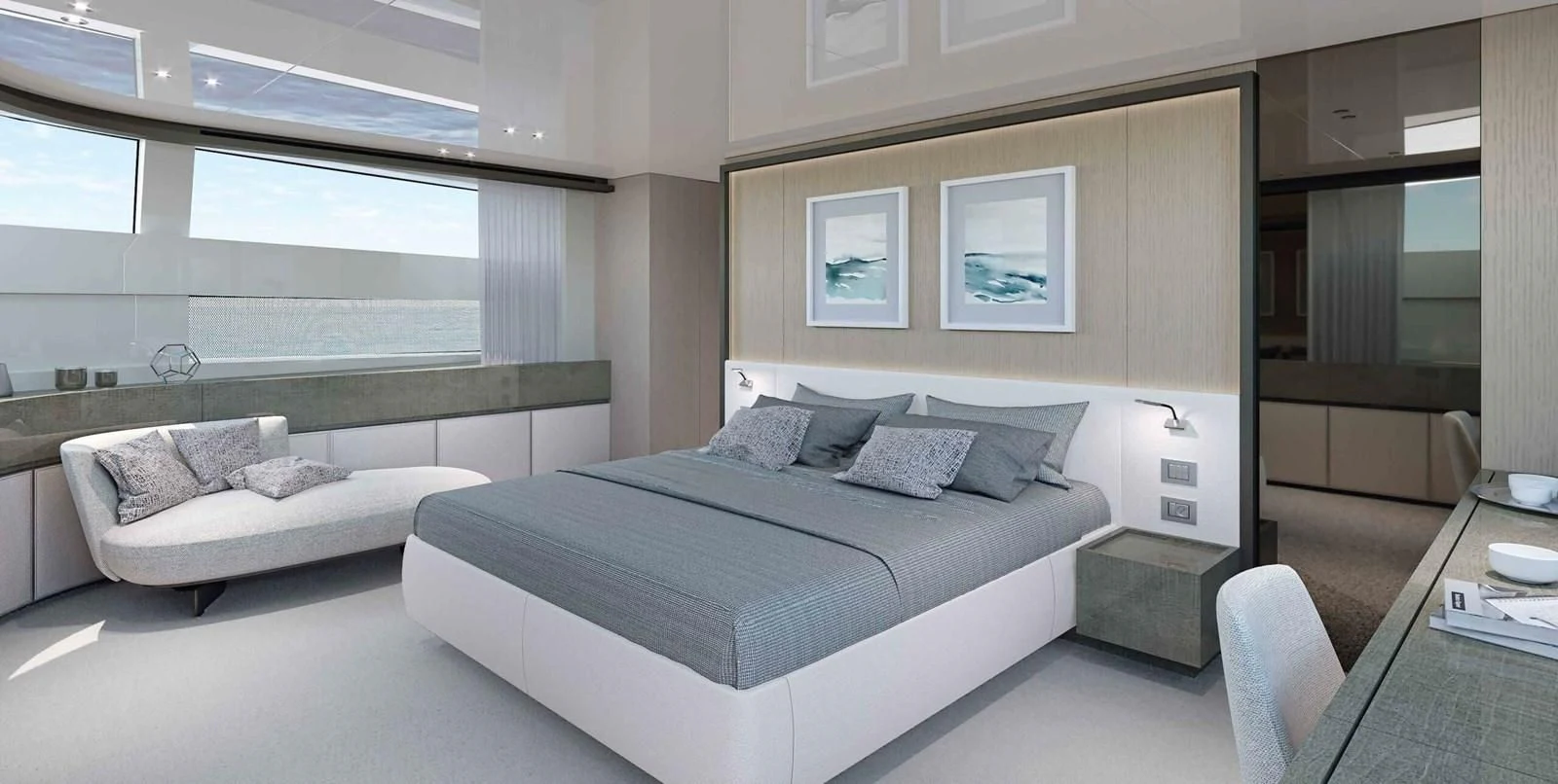 a bedroom with a bed and a couch aboard 2021 SANLORENZO SD96 #95 Yacht for Sale