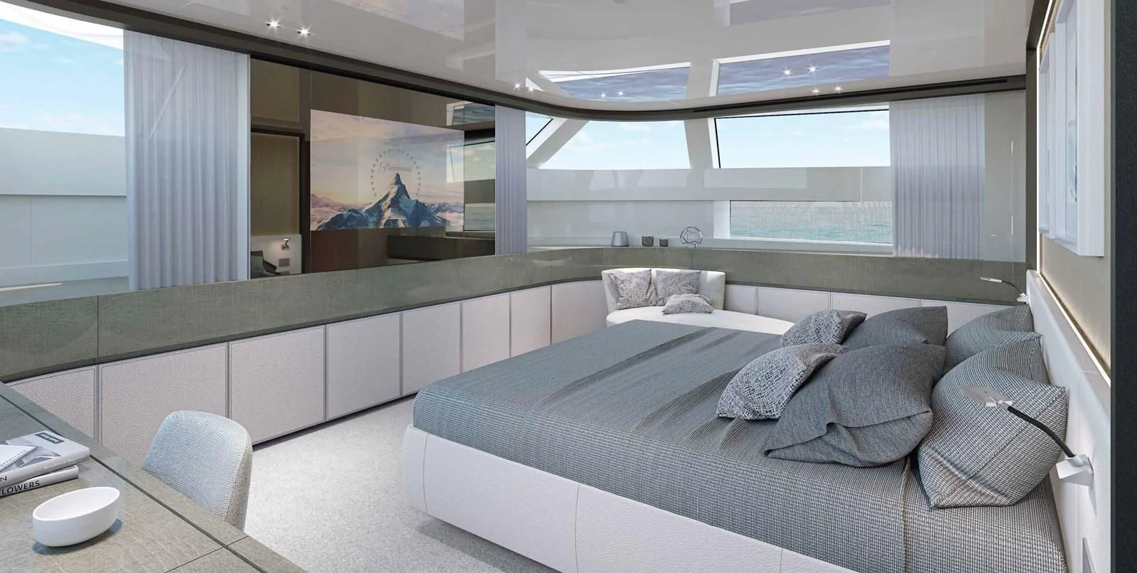 a bed in a room aboard 2021 SANLORENZO SD96 #95 Yacht for Sale