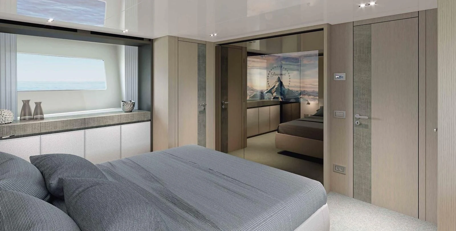 a room with a bed and a window aboard 2021 SANLORENZO SD96 #95 Yacht for Sale