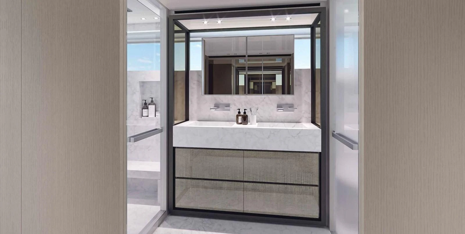 a bathroom with a large mirror aboard 2021 SANLORENZO SD96 #95 Yacht for Sale