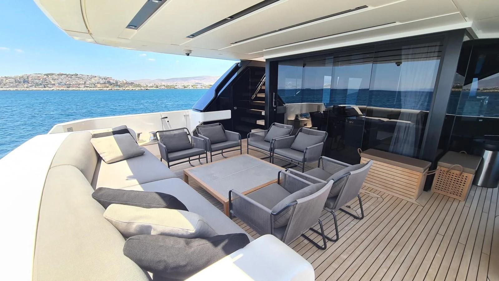 a room with a table chairs and a large body of water aboard 2021 SANLORENZO SD96 #95 Yacht for Sale