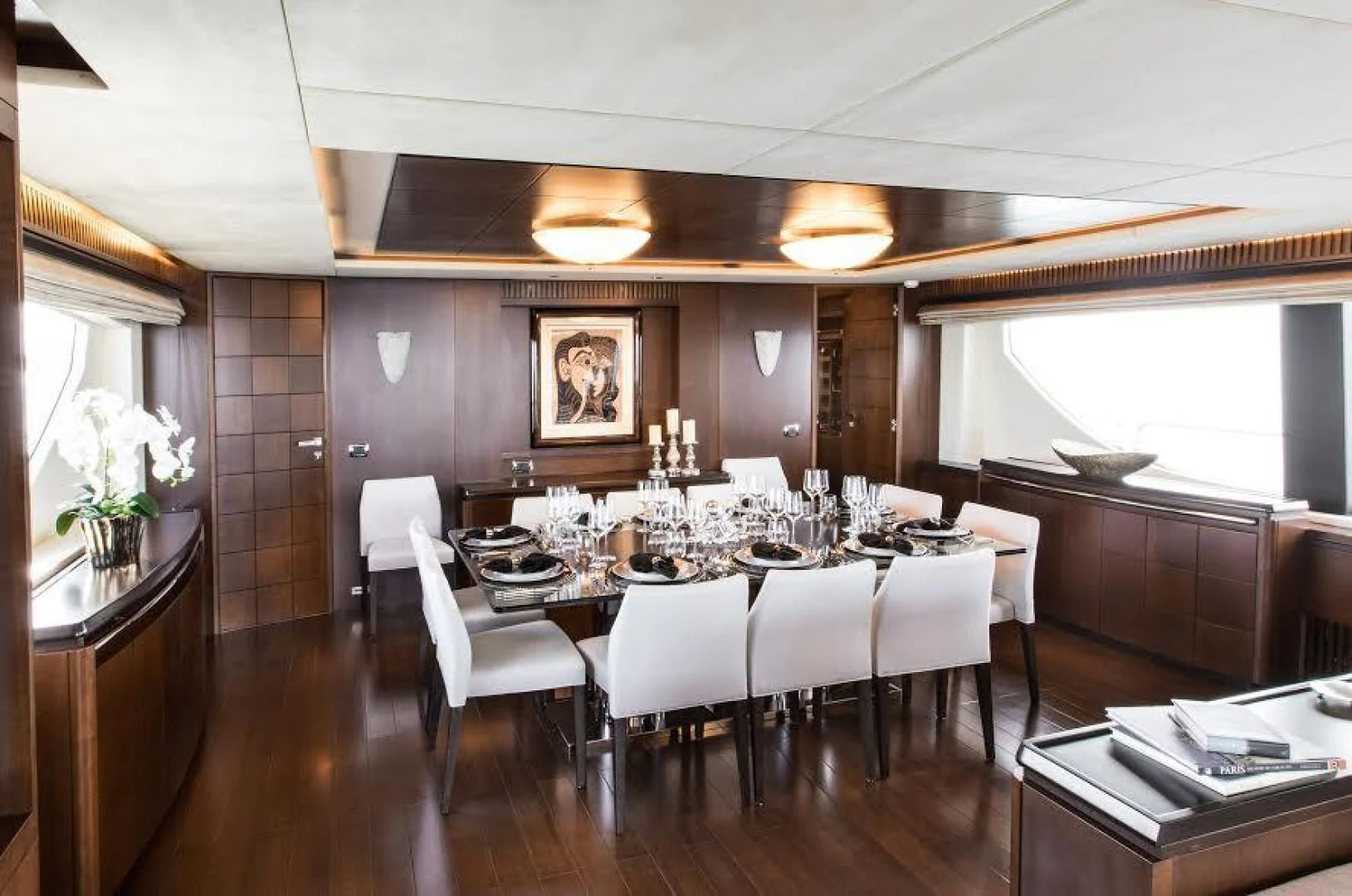 a dining room with a table and chairs aboard TAIL LIGHTS Yacht for Sale