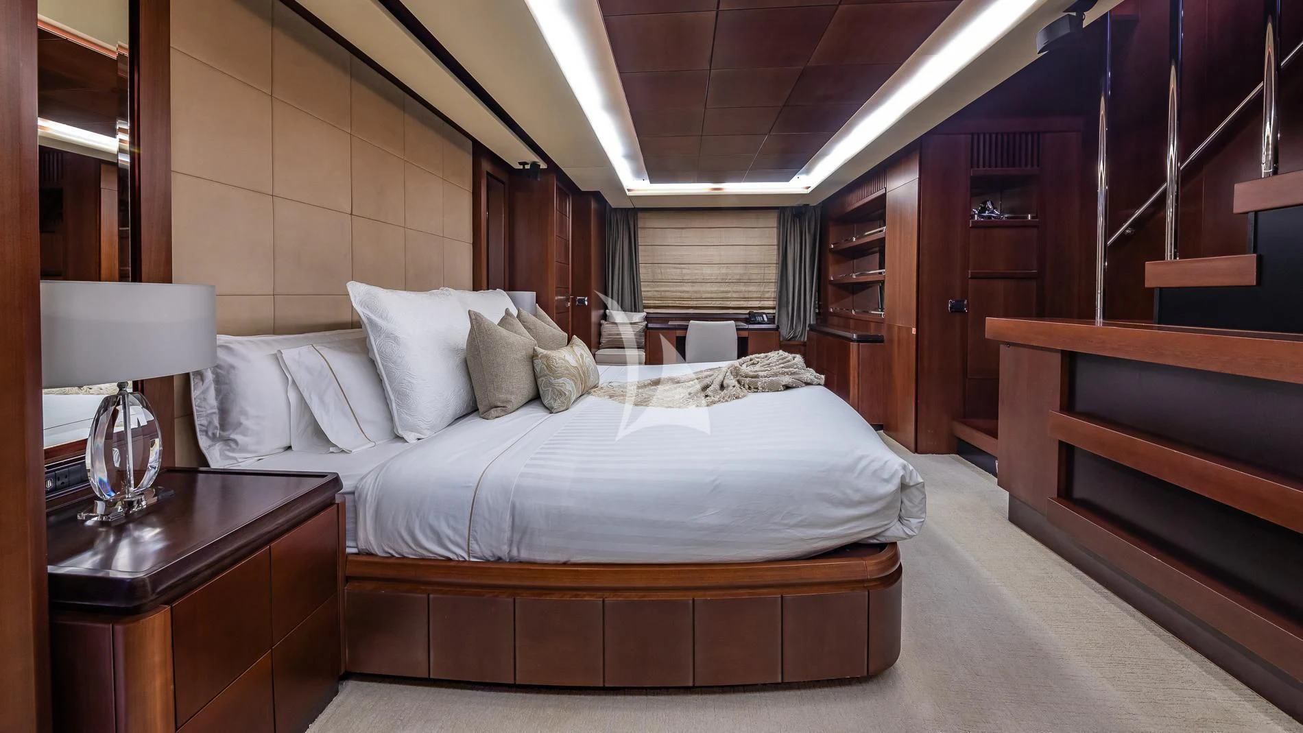 a bed with white sheets aboard TAIL LIGHTS Yacht for Sale
