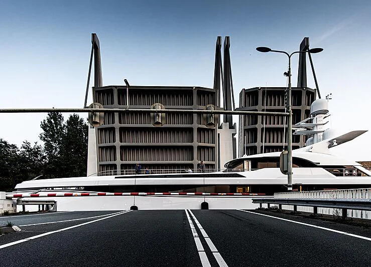 a large building with a tower aboard TOTALLY NUTS Yacht for Sale