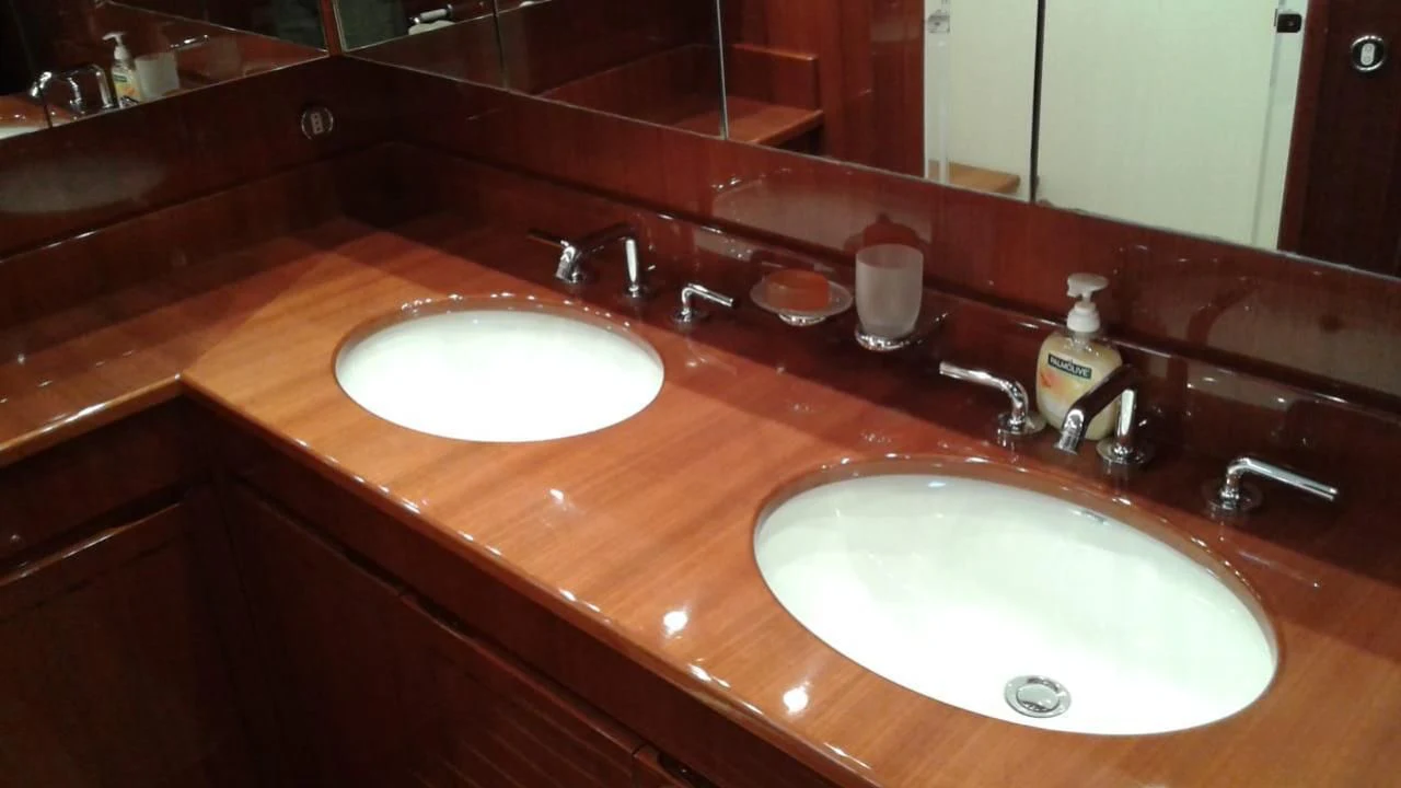 a couple of sinks in a bathroom aboard PRINCESS AYESHA I Yacht for Sale