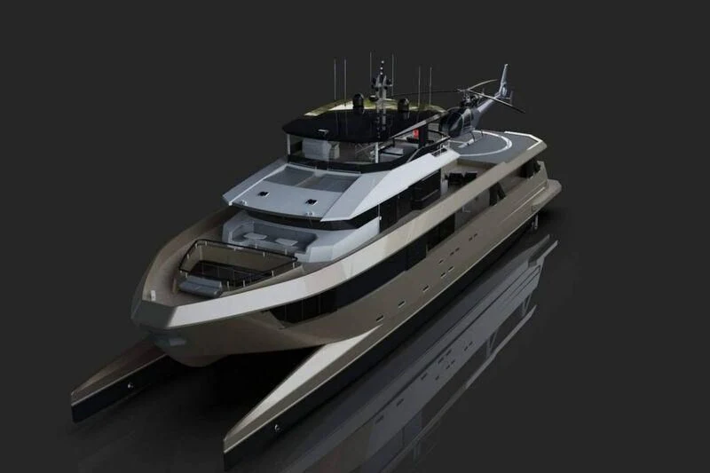 a white boat with black background aboard INDEPENDENCE 135 Yacht for Sale