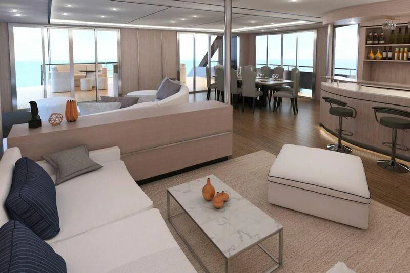 a living room with a couch and a coffee table aboard INDEPENDENCE 135 Yacht for Sale
