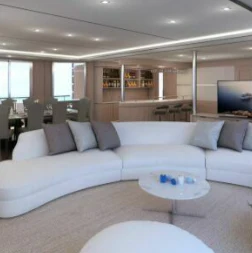 a living room with a white couch aboard INDEPENDENCE 135 Yacht for Sale