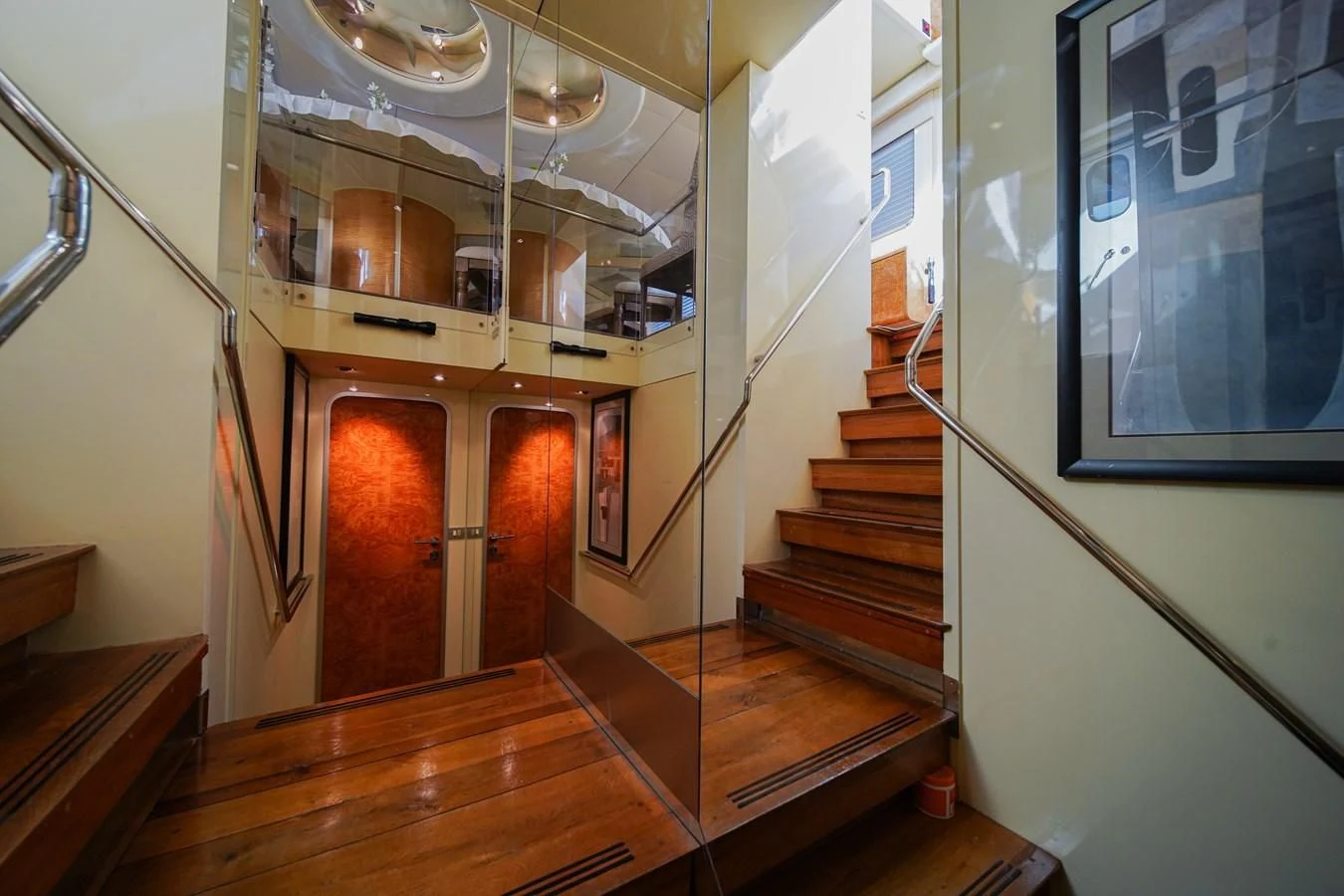 a staircase in a room aboard AVALON Yacht for Sale