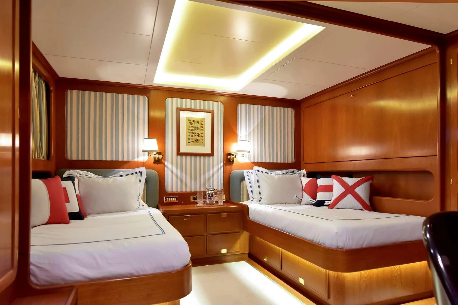 a room with two beds aboard TAMARITA Yacht for Sale