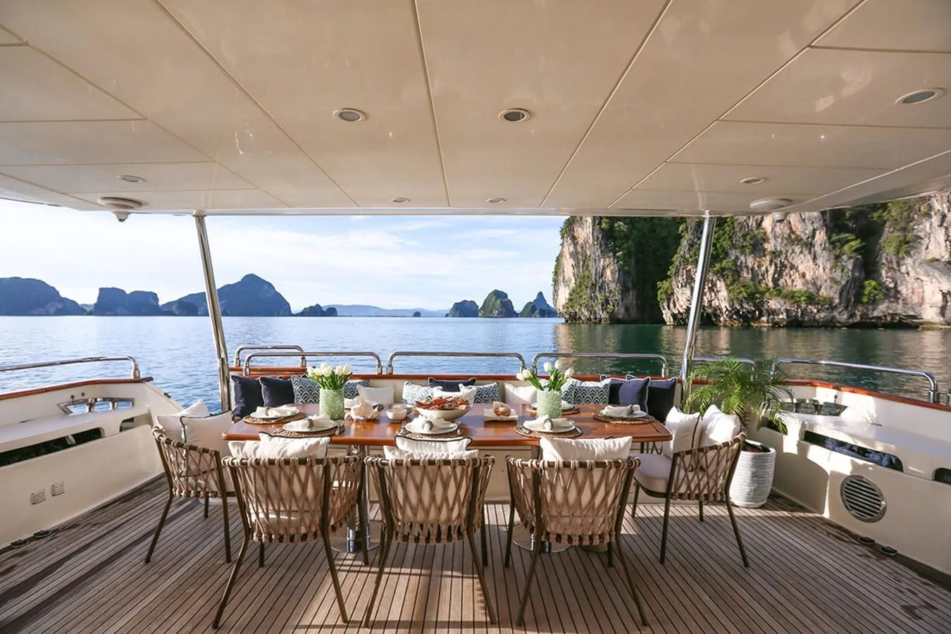 a table set for a meal aboard FOR YOUR EYES ONLY Yacht for Charter
