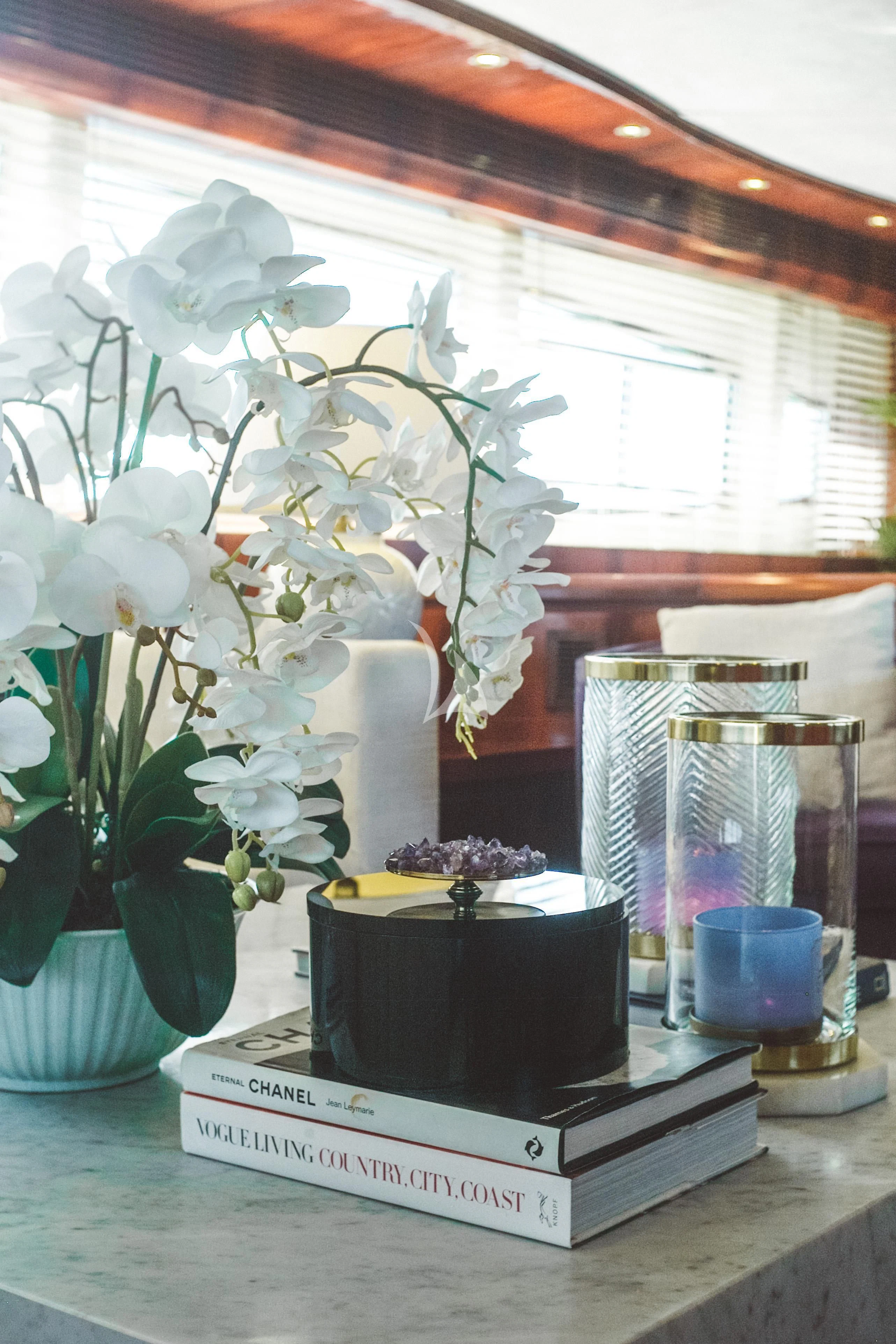 a plant on a table aboard FOR YOUR EYES ONLY Yacht for Charter