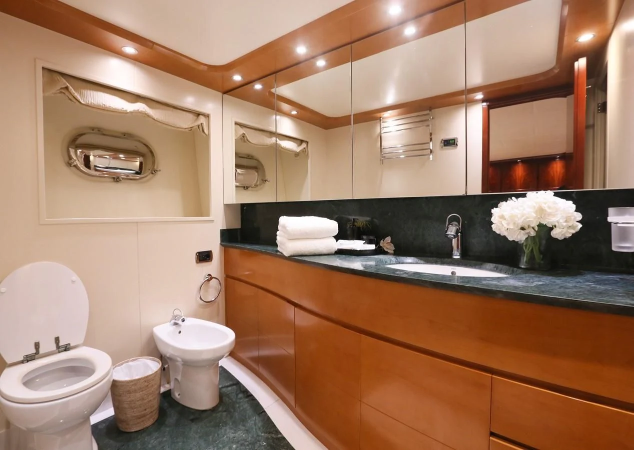 a bathroom with a large mirror aboard FOR YOUR EYES ONLY Yacht for Charter