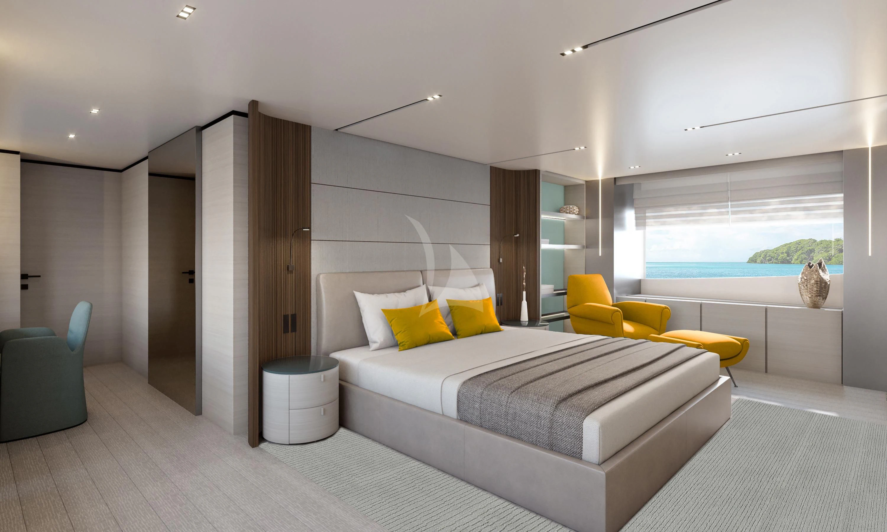 a modern bedroom with a large window aboard HAIAMI I Yacht for Charter