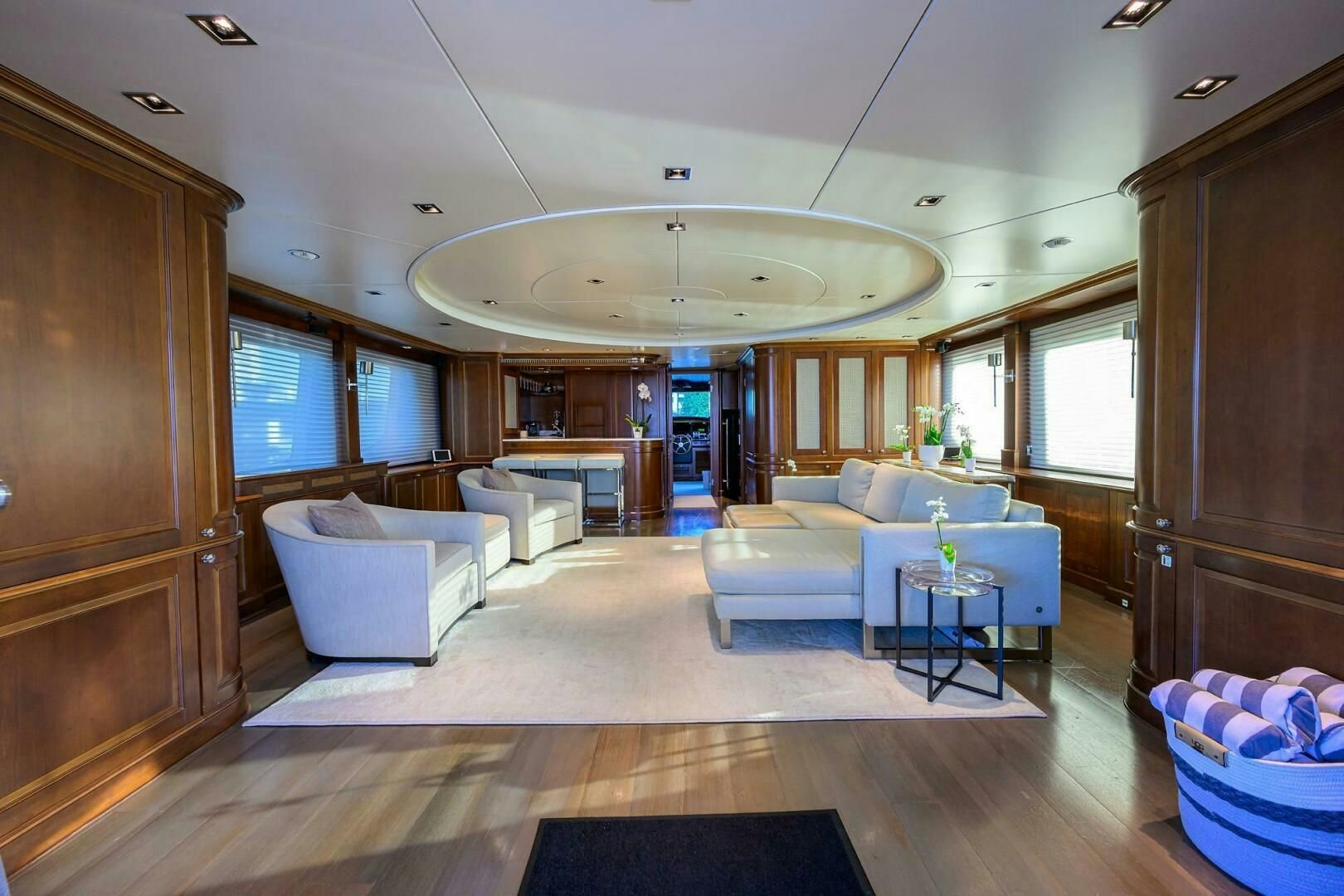 a living room with a large open door aboard ARTHUR’S WAY Yacht for Sale