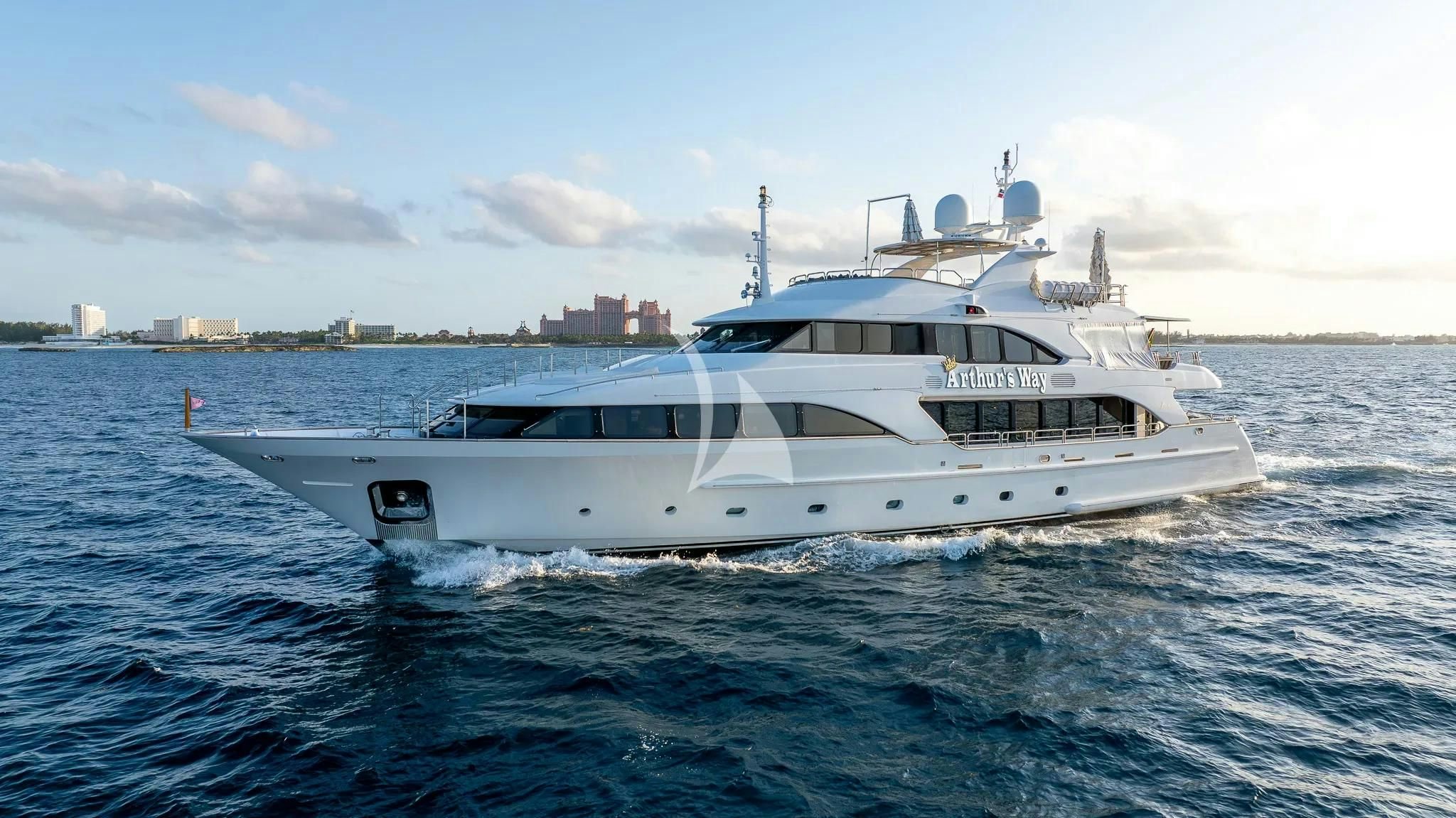 a white yacht in the water aboard ARTHUR’S WAY Yacht for Sale