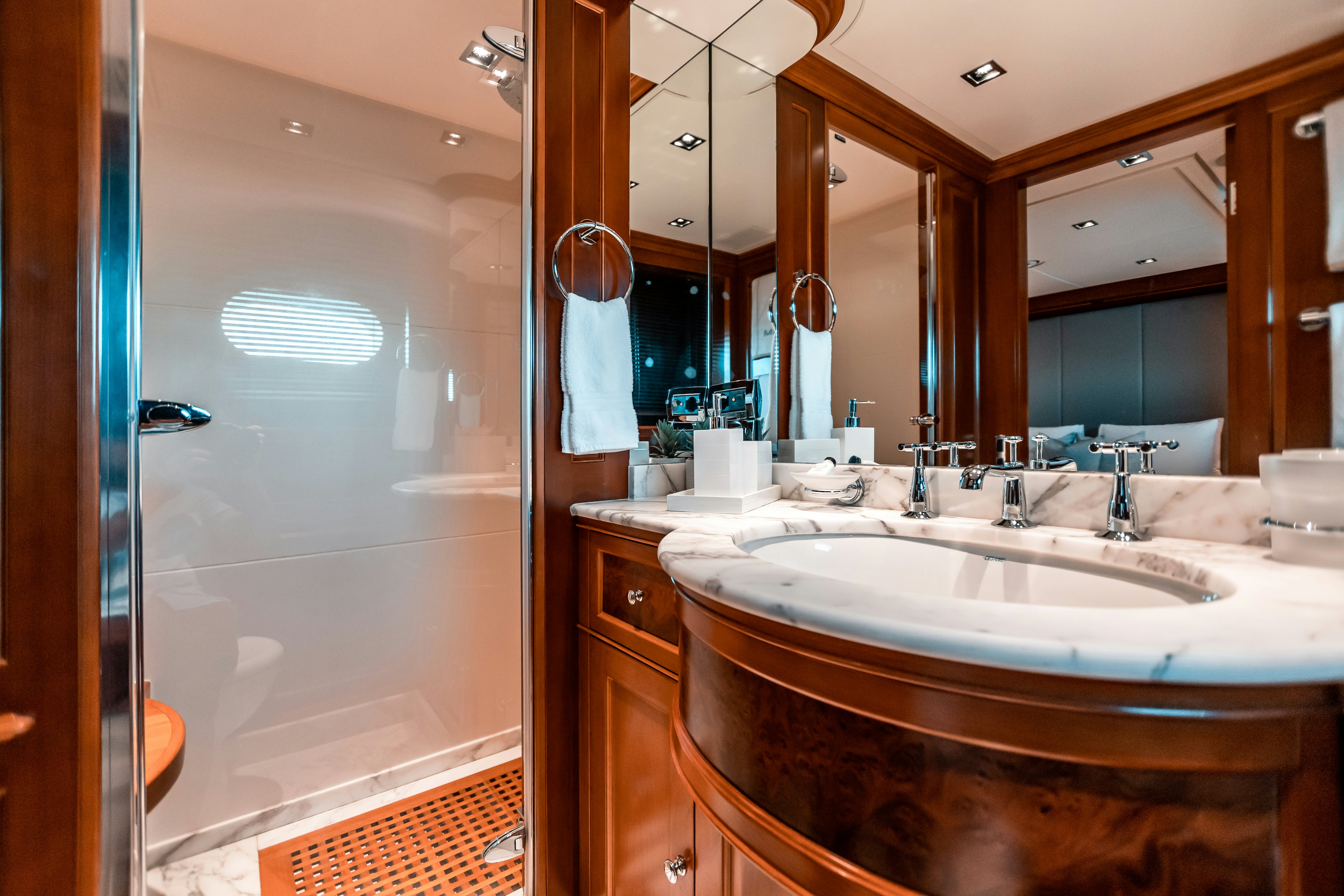 a bathroom with a sink and a shower aboard ARTHUR’S WAY Yacht for Sale