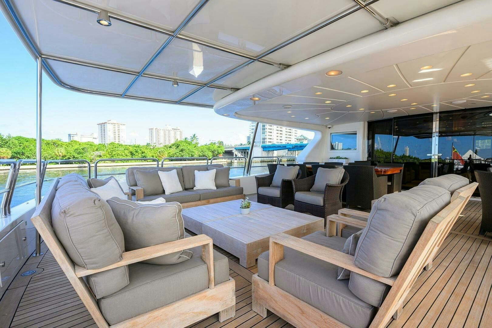 a large lounge area with couches aboard ARTHUR’S WAY Yacht for Sale