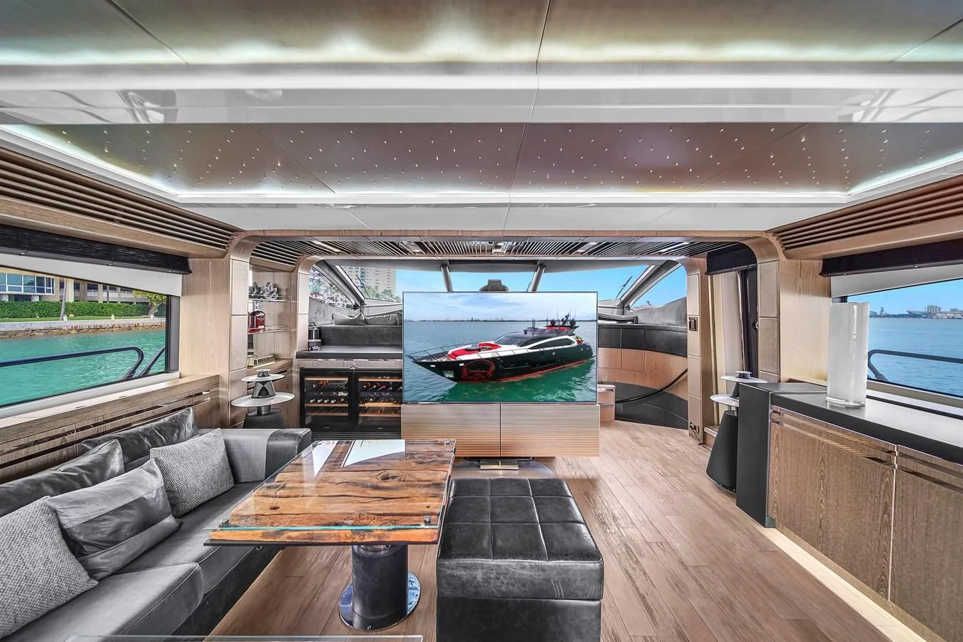 a living room with a pool table aboard SUNSEEKER 115 SPORT YACHT Yacht for Sale