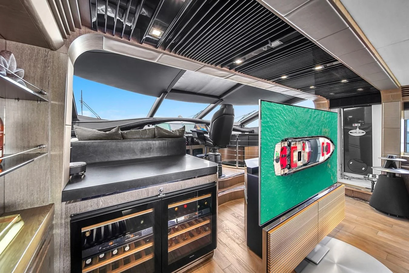 a large kitchen with a large green box and a large green box aboard SUNSEEKER 115 SPORT YACHT Yacht for Sale