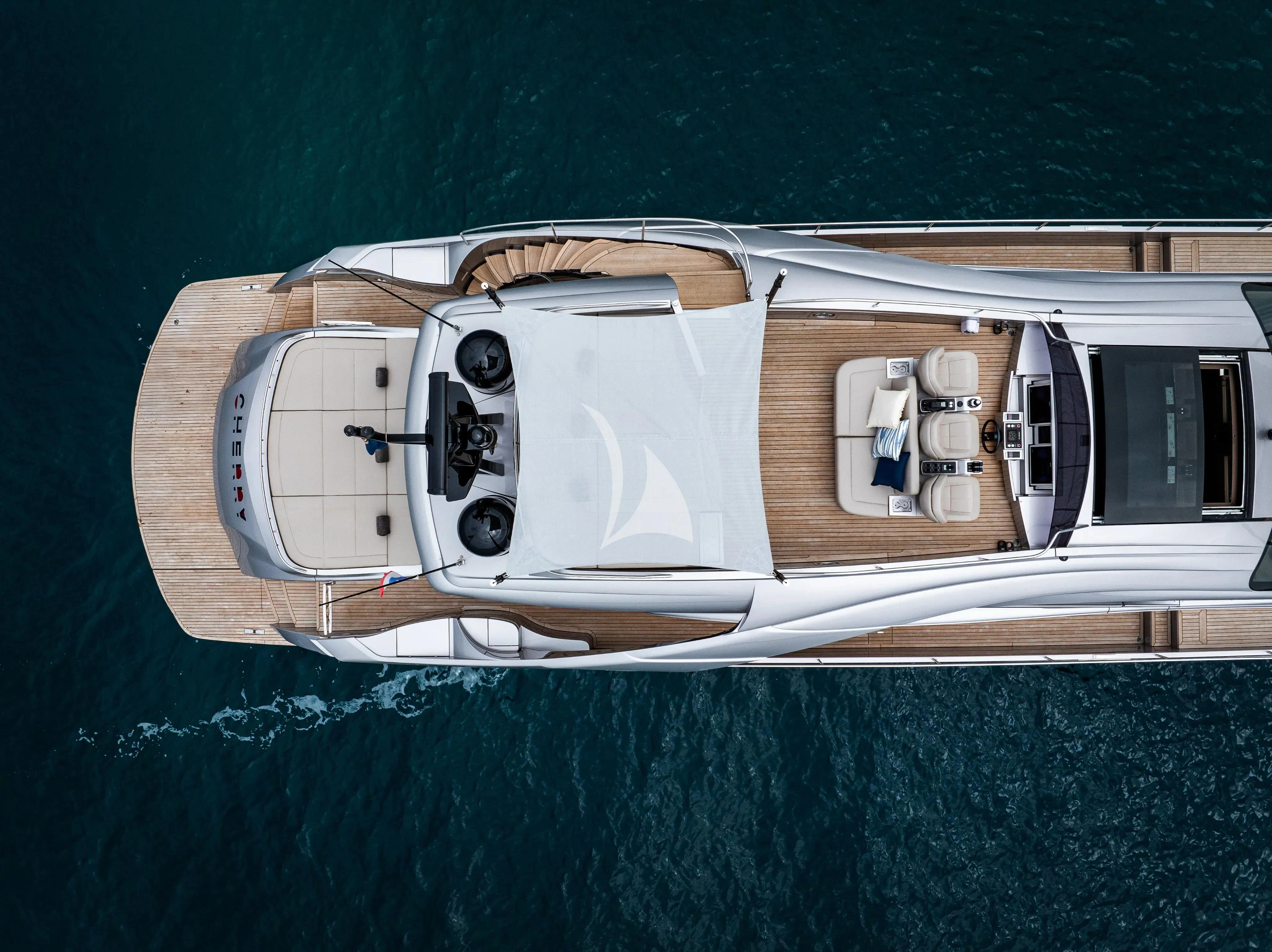 a space ship with a satellite in the back aboard CHERRY Yacht for Charter