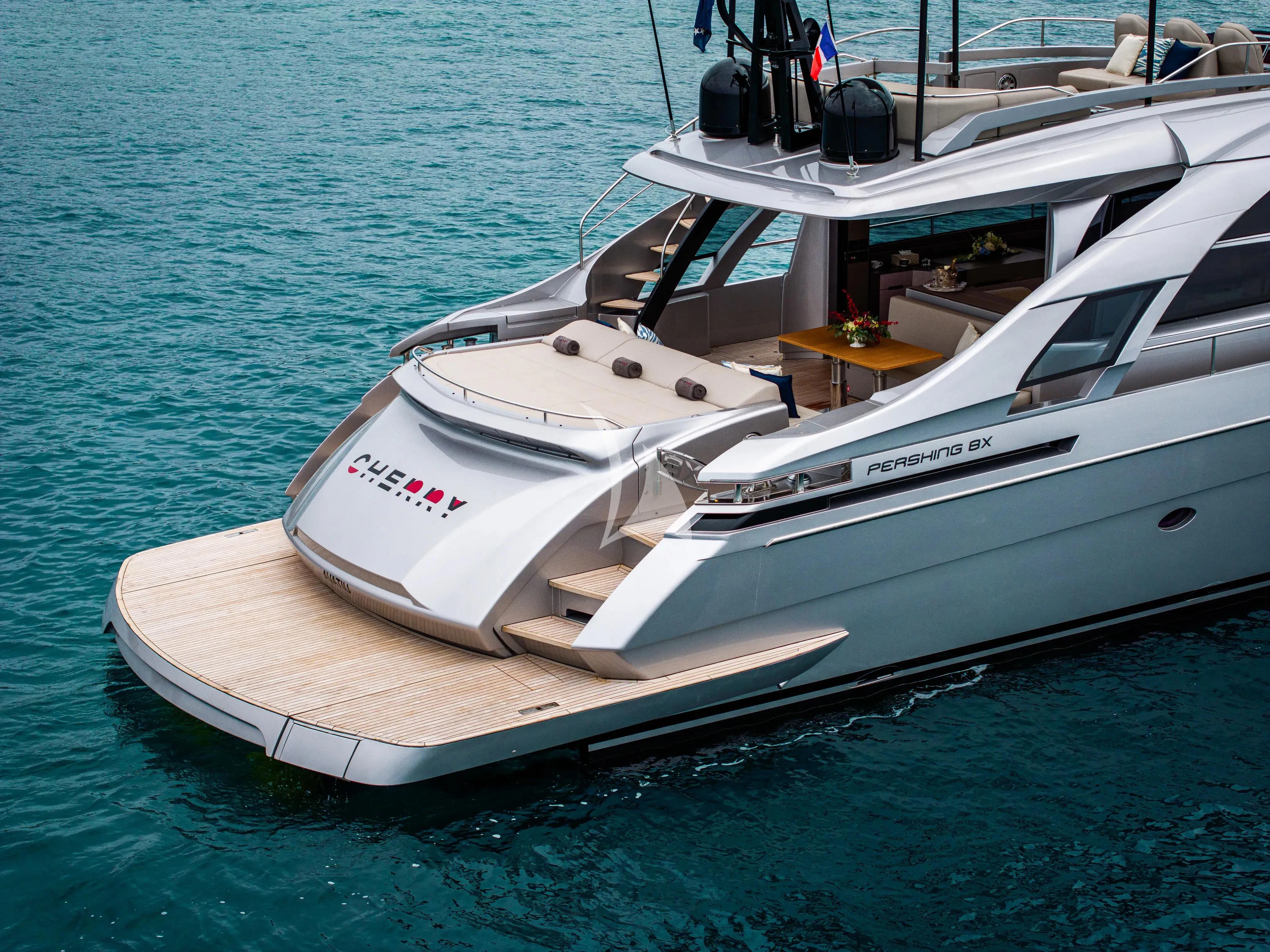a white boat on the water aboard CHERRY Yacht for Charter