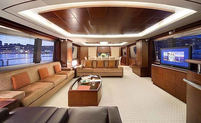 a living room with a large screen aboard TARTARUGA ONE 4J'S Yacht for Sale