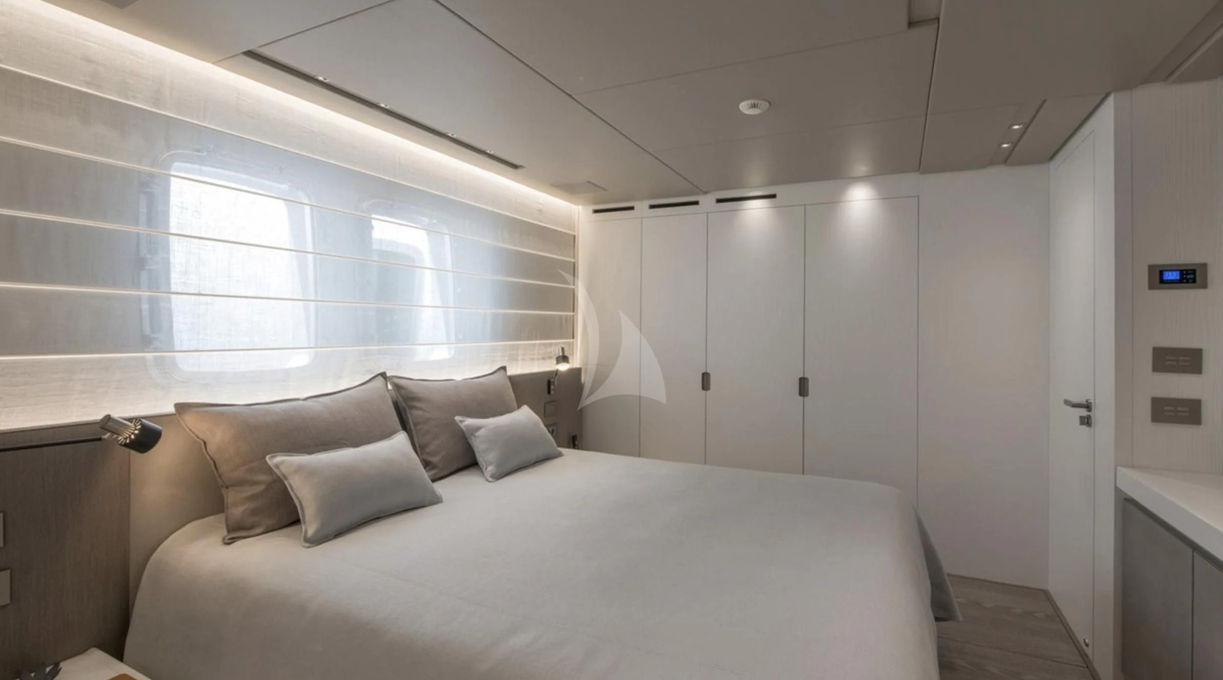a bed in a room aboard PARALOS Yacht for Charter