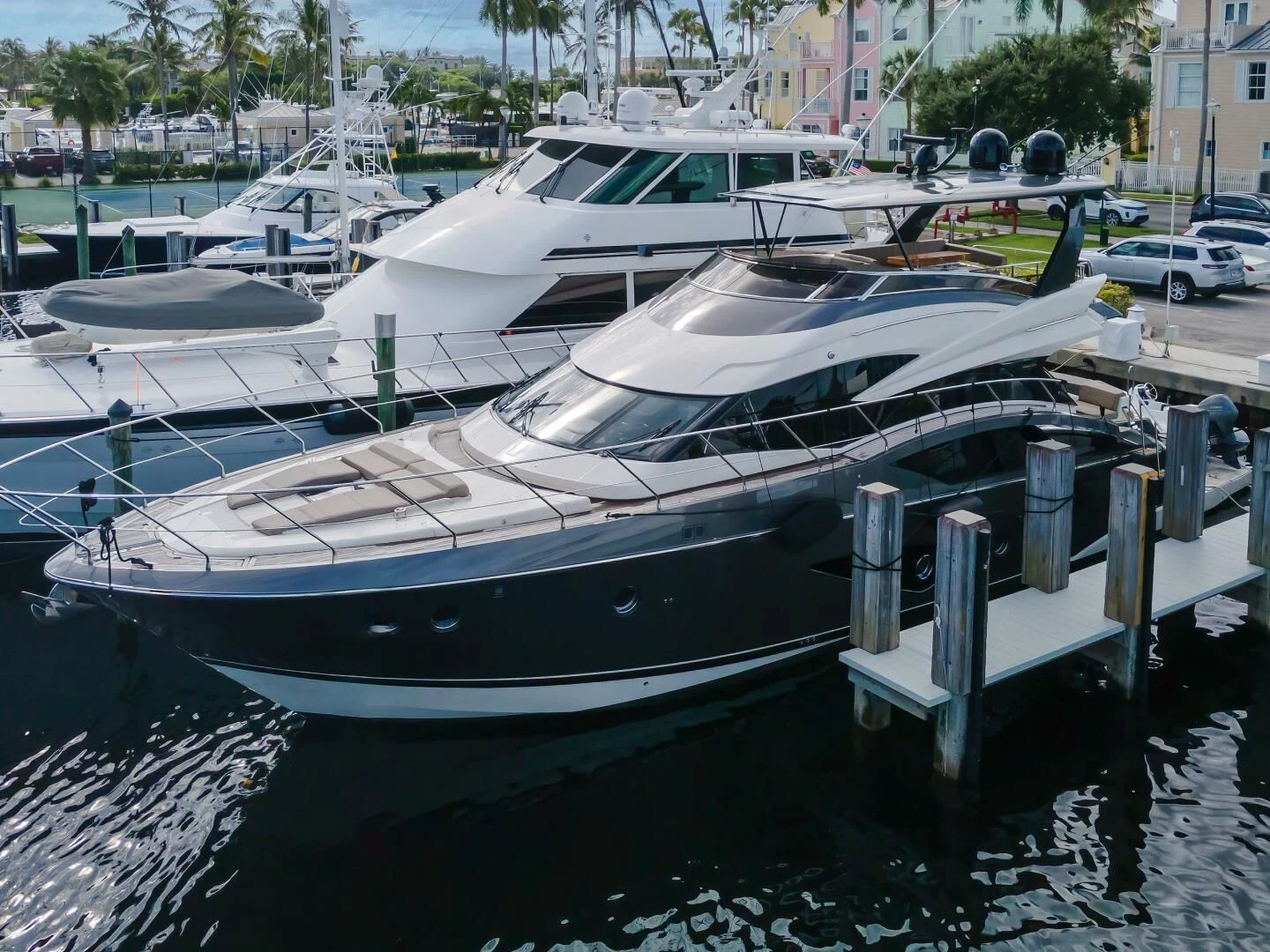 a boat parked in a harbor aboard PARALOS Yacht for Charter