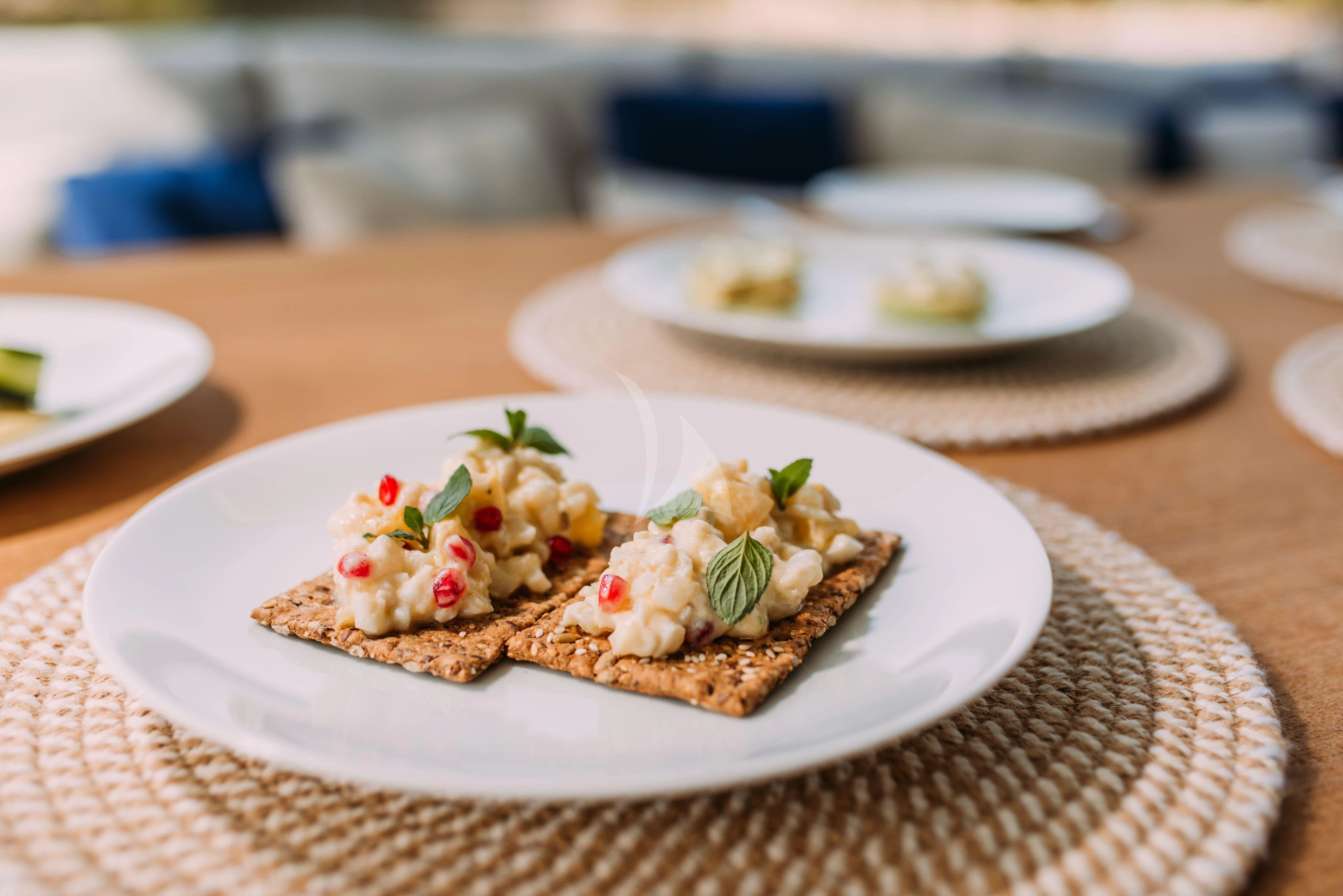 a plate of dessert aboard PARALOS Yacht for Charter