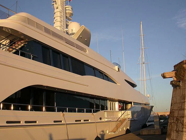a boat docked at a pier aboard DIAMOND Yacht for Sale