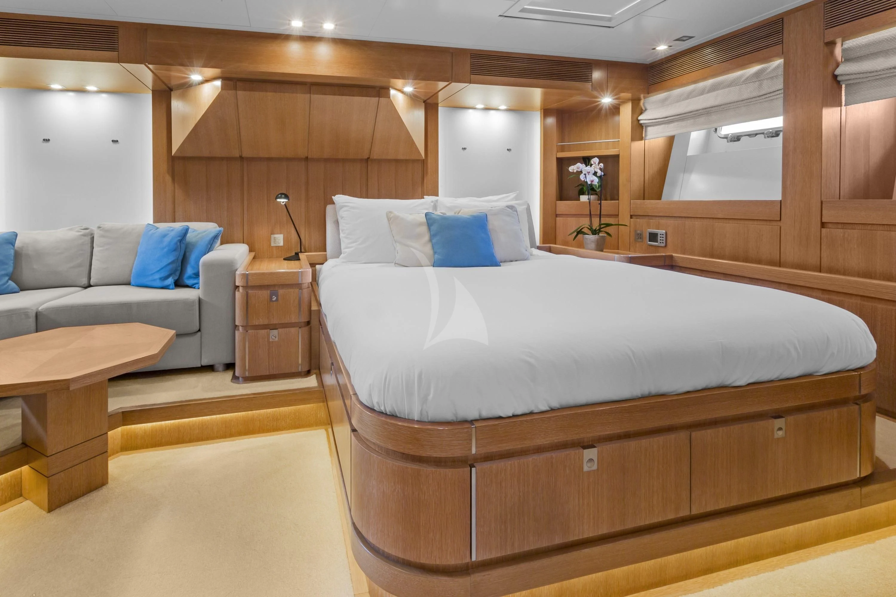 a bed in a room aboard GLISS Yacht for Sale