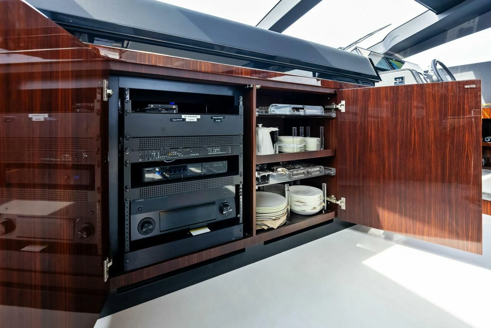 a kitchen with a stove and cabinets aboard OUR TRADE Yacht for Sale