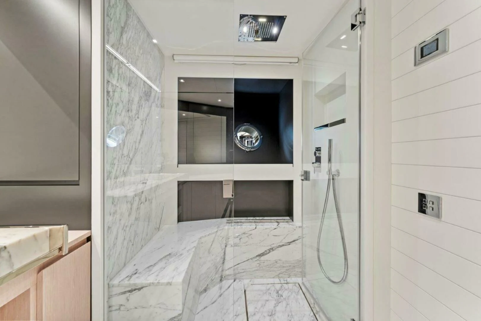 a bathroom with a sink and a shower aboard OUR TRADE Yacht for Sale