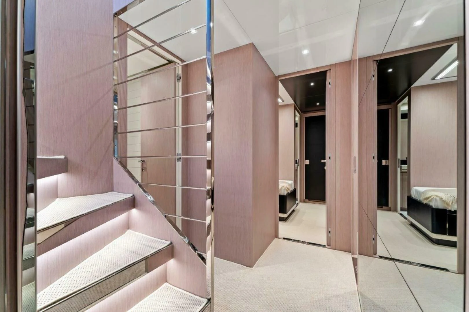 a room with a staircase and a large wall aboard OUR TRADE Yacht for Sale