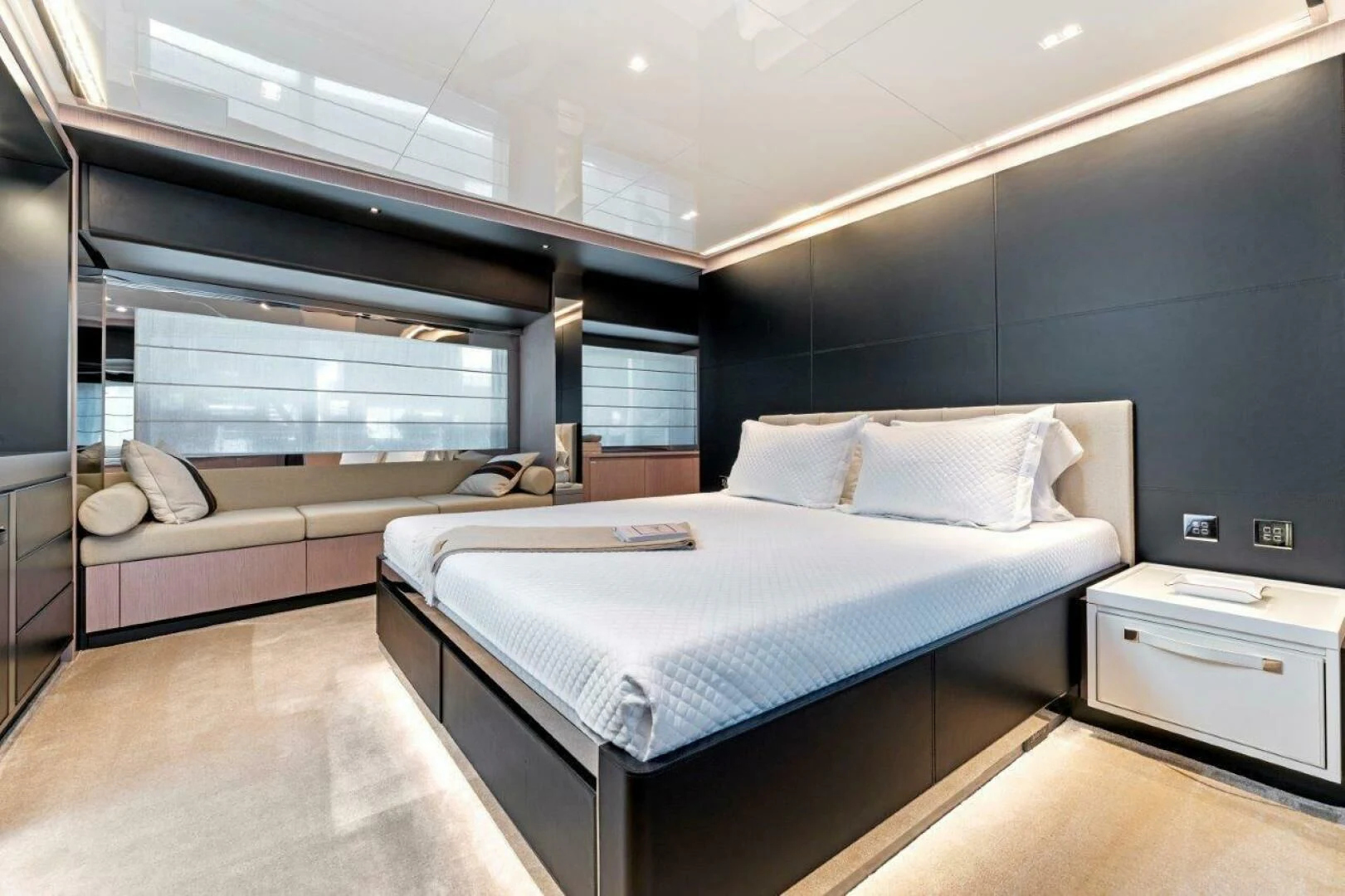 a room with two beds aboard OUR TRADE Yacht for Sale