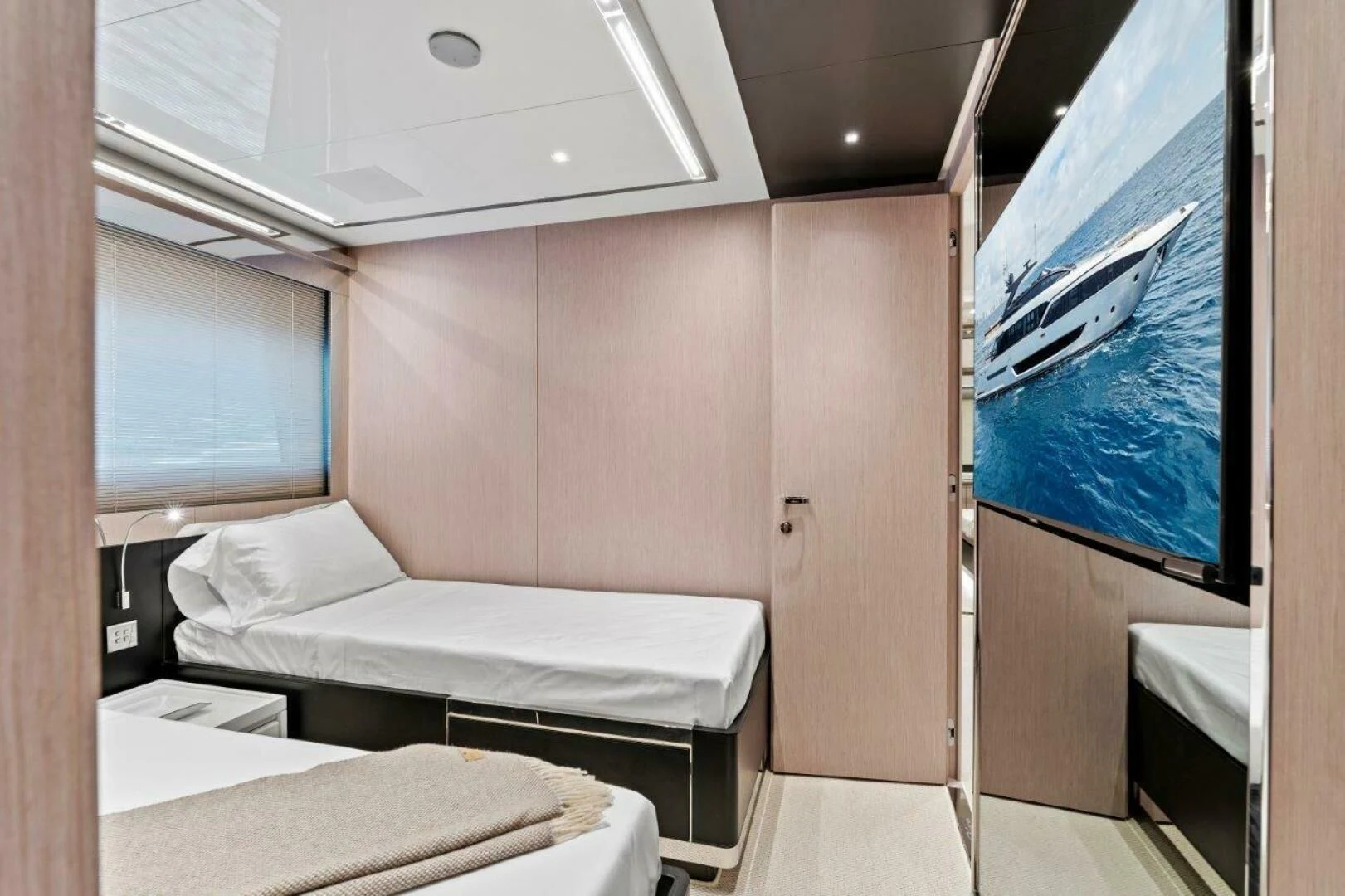 a room with two beds aboard OUR TRADE Yacht for Sale
