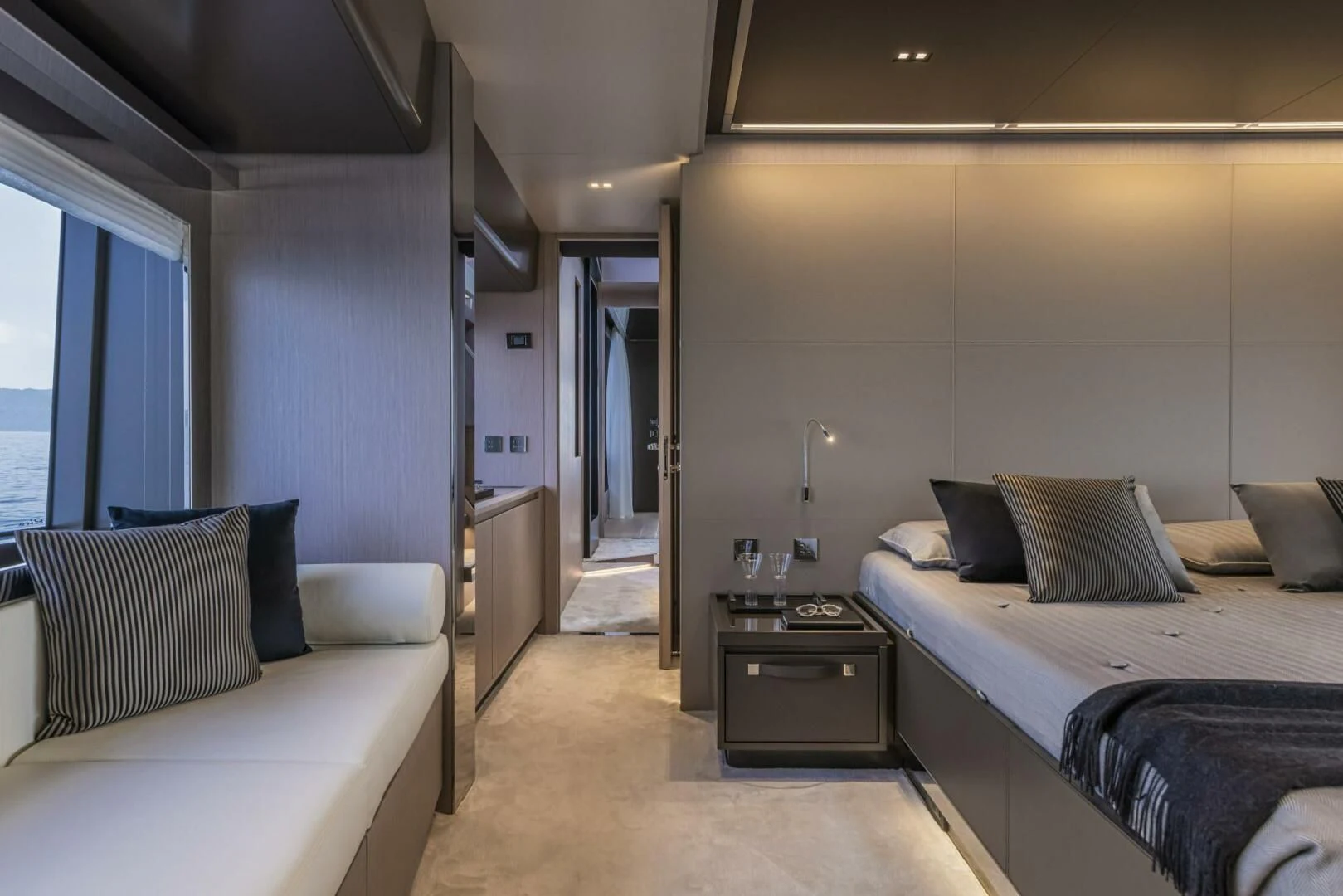 a room with two beds aboard OUR TRADE Yacht for Sale